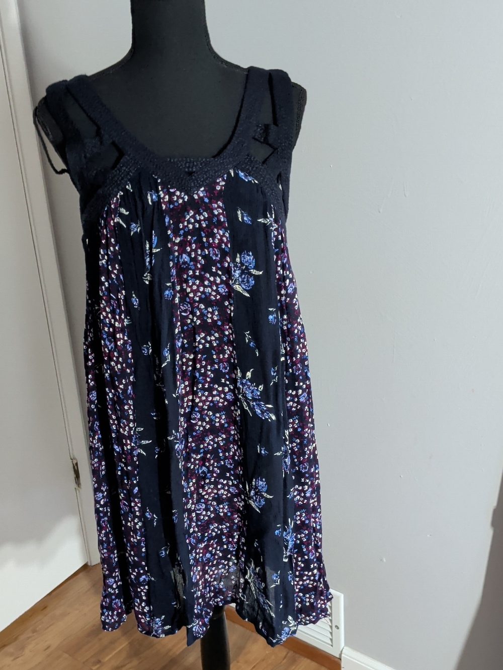 Black Floral Midi Dress with Blue Accents